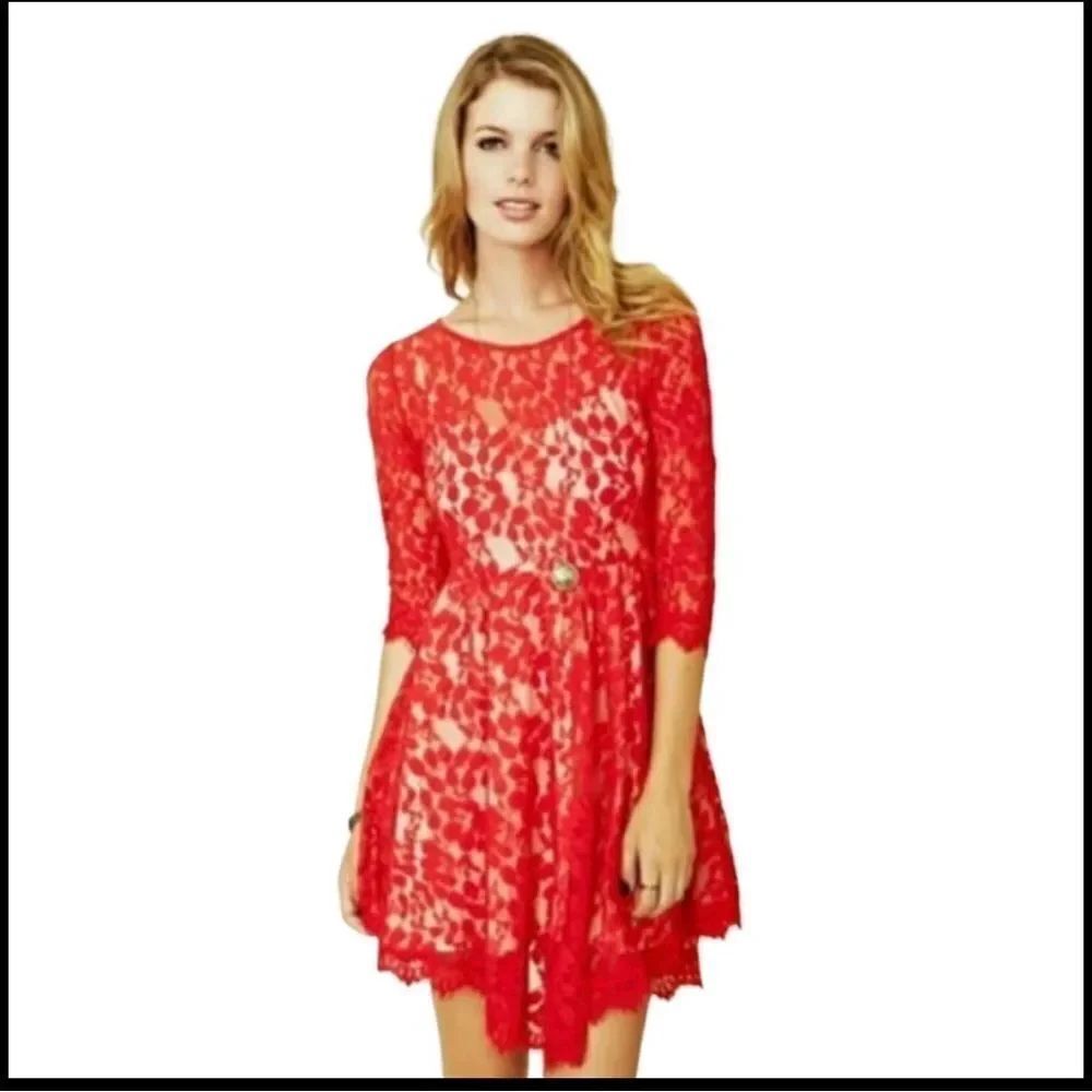 Free People Floral Mesh Red Boho Lace Romantic Core Feminine Dress Sz  2